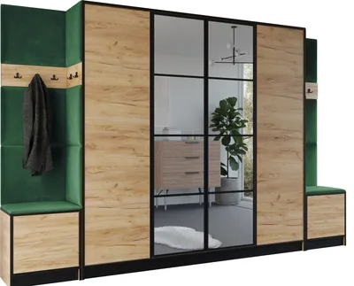 Produktbild von KIER FURNITURE Kleiderschrank EDEN, Schlafzimmer Schrank, Garderobeschrank, Flurschrank Craft Eiche & Grün 312.8x205x39 cm
