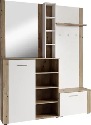 A hallway furniture set with a mirror, shelves, and storage.