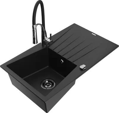 Produktbild von Mexen Cesar 1 Becken-Granitspüle mit Abtropffläche und Mischbatterie Aster, Schwarz - 6514-77-73450-07-B