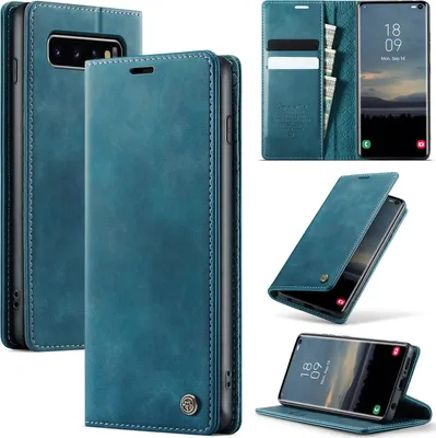 Collage of images showing a blue leather phone case for a Samsung Galaxy S10, with various angles and features displayed.