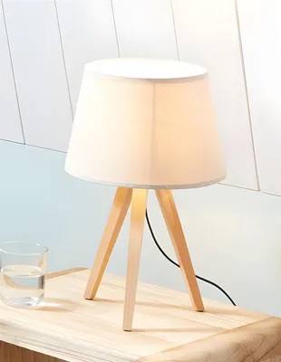 Image de Lampe de table "Nature" Lampe de chevet en bois, abat-jour aspect lin, beige, E14