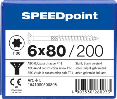 Produktbild von ABC SPEEDpoint Holzbauschraube Senkkopf T30 Teilgewinde Schabenut A2J 6x80mm (200)
