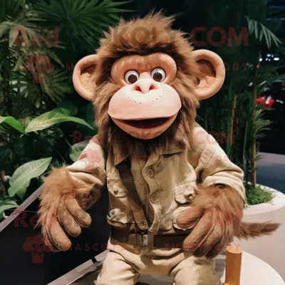 Produktbild von Brauner REDBROKOLY Affen Maskottchen Kostüm charakter bekleidet mit einer Cordhose und Haarnadeln