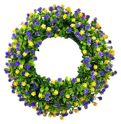Produktbild von Wiederverwendbarer künstlicher Blumenkranz aus Eukalyptus, künstlichem Grün und bunten Blumen – ideal für Feiertage, Hochzeiten, als Dekoration für Haustür und Kaminsims.