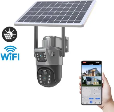 Obrázok produktu pre Vonkajšia bezpečnostná kamera – Wi-Fi 5G PTZ IP kamera – 6 MP, dvojitý objektív – farebná nočná viditeľnosť – 360° otáčanie – detekcia pohybu pomocou PIR senzora – solárny panel – IP66