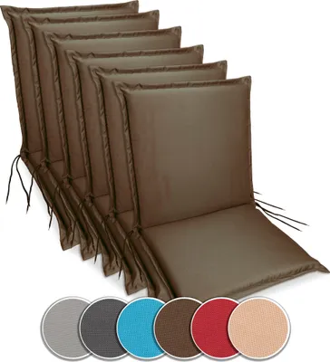 A set of brown chair cushions displayed in a row, with color swatches shown below.