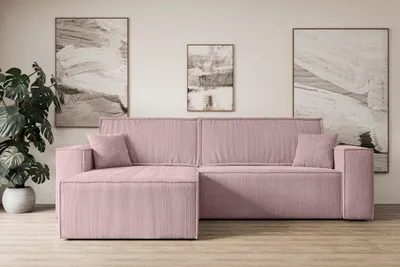 A pink sectional sofa is shown in a well-lit room with neutral walls and wooden flooring. Three abstract paintings hang on the wall behind the sofa, and a large potted plant is to the left.