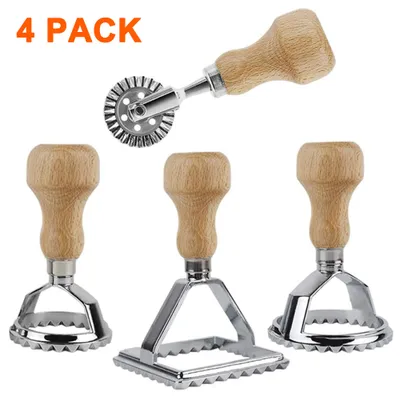 A collage of four pasta cutters with wooden handles against a white background.