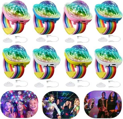 Zdjęcie produktu dla Zestaw 8 lamp imprezowych "Disco Ball" sterowanych muzyką, zasilanych przez USB, z przyssawkami. Mini lampka LED, projektor gwiazd