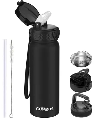 Produktbild von Edelstahl Wasserflasche mit Strohhalm 600ml Schwarz BPA-frei Auslaufsicher Thermosflasche