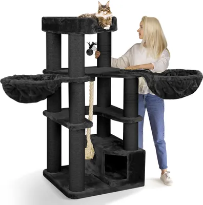 Produktbild von HAPPYPET Kratzbaum stabil 'Oscar' - 161 cm hoch, Katzenbaum für große Katzen Maine Coon, 12 cm Dicke Sisalstämme, 600g Plüsch, Anthrazit