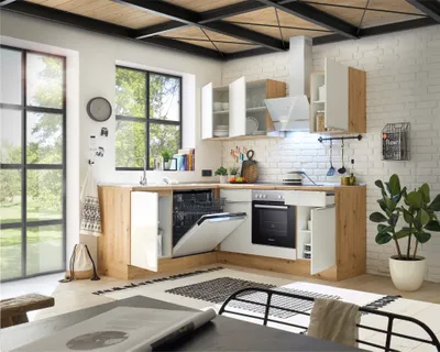 Produktbild von Küche Küchenzeile Winkelküche Marleen Premium 220 cm Weiß Artisan Eiche Respekta
