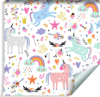 Produktbild von 10m VLIES TAPETE Rolle Kinderzimmer Einhürner Regenbogen Sterne Blume XXL