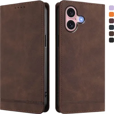 Produktbild von Hülle für iPhone 16, Retro Kunstleder Ständer Klapphülle mit Kartenfächer und Magnetische Braun