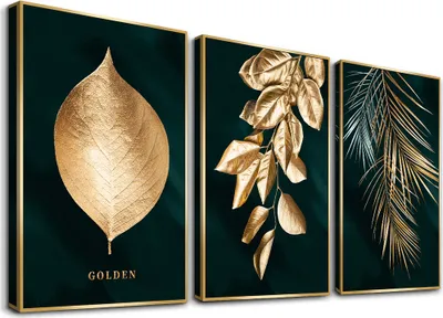 Produktbild von Bild 120x80 cm gerahmt grüner Hintergrund und goldene Blätter  Bilder auf Leinwand Markenware Kunstdrucke 4414