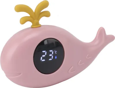 A pink whale-shaped thermometer with a yellow spout.