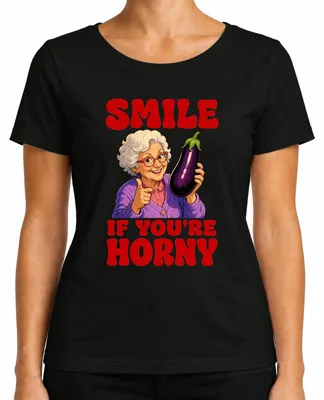 Immagine prodotto di Maglietta da donna, taglia 3XL, colore nero, con scritta "Sorridi se sei eccitata", design divertente, sarcastico, con immagine di una melanzana