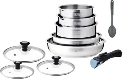 Produktbild von Induktionskochgeschirr-Set aus Edelstahl – 10-teilig – Abnehmbarer Griff – Geeignet für alle Herdarten, inklusive Induktion