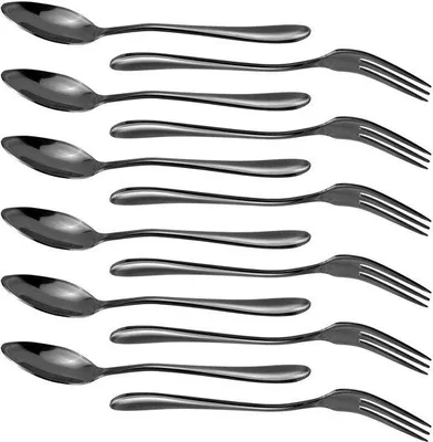 Productafbeelding van Ibenzoa® 12-delige zwarte dessertbestekset van roestvrij staal – 6 dessertvorken (14×1,6 cm) en 6 dessertlepels (13,5×2,8 cm), vaatwasmachinebestendig, ideaal voor desserts en snacks