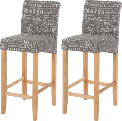 Produktbild von 2er-Set Barhocker HWC-C33, Barstuhl Tresenhocker, Holz  Schriftzug, grau, helle Beine, Stoff/Textil