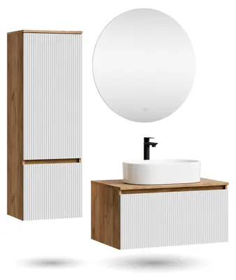 Produktbild von ARISA Badmöbel Set inkl. Hochschrank in Weiß Geriffelt – Mit Nova LED Spiegel und weißem Keramik-Aufsatzwaschbecken 55 cm