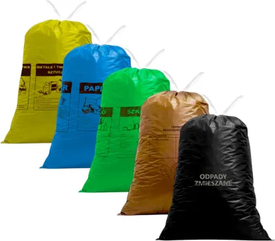 Zdjęcie produktu dla ZESTAW Worki do segregacji śmieci z taśmą 120L 5x20szt. (Plastik, Papier, Szkło, Zmieszane)