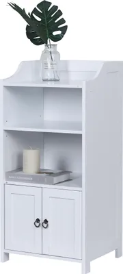 Image de Meuble de salle de bain Relaxdays, H x l x P : 86 x 40,5 x 36 cm, 4 compartiments, 2 portes, MDF, meuble d'appoint étroit pour salle de bain, blanc