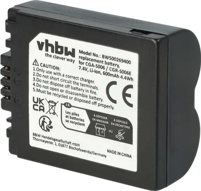 Produktbild von vhbw Akku Ersatz für Panasonic DMW-BMA7, CGA-S006E, CGR-S006E, CGA-S006, CGR-S006 für Kamera (600 mAh, 7,2 V, Li-Ion)