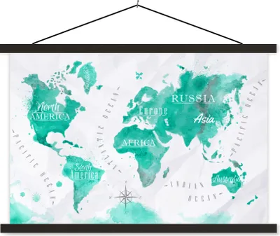Produktbild von MuchoWow® Textilposter Weltkarte - Malerei - Aquarell 90x60 cm mit schwarzem Rahmen - Aufhängungssatz