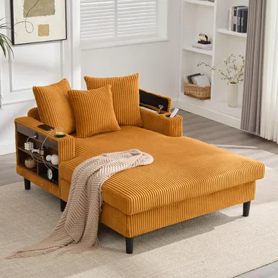 Image de Salon multifonctionnel en velours côtelé avec chaise longue, jaune moutarde, LED, USB