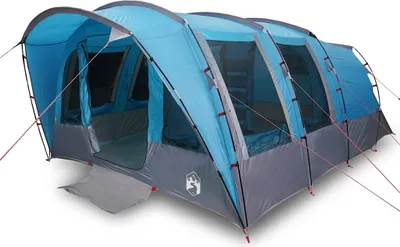 A blue and gray tunnel tent for 8 people, set up on a white background.