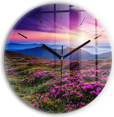 Produktbild von Wallfluent Wanduhr – Stilles Quarzuhrwerk - Uhr Dekoration Wohnzimmer Schlafzimmer Küche - Zifferblatt mit Striche - schwarze Zeiger - 30 cm - Sonnenaufgang und Blumen