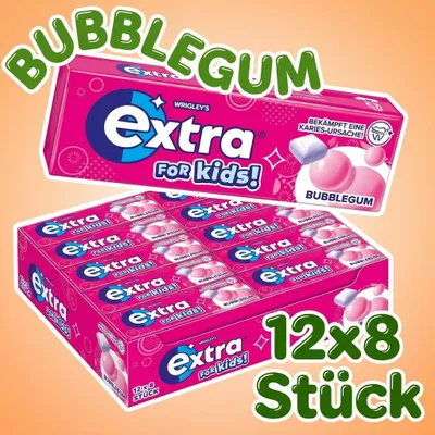 Produktbild von Wrigley’s Extra for Kids Bubblegum 12×8 – Zuckerfreier Kaugummi mit Fruchtgeschmack + Heartforcards Versandschutz