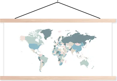 Produktbild von MuchoWow® Textilposter Weltkarte - Blau - Rosa 120x60 cm mit holzfarbenen Rahmen - Klemmleiste