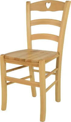A wooden chair with a heart-shaped cutout in the backrest.