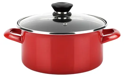 Zdjęcie produktu dla Rondel indukcyjny FAGOR Optimax 20 cm stal emaliowana, nieprzywierająca powłoka PFOA free, szklana pokrywa czerwona