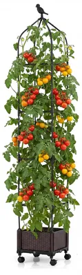 Produktbild von KOMFOTTEU Pflanzkübel mit Rankgitter, selbstbewässernder Pflanzkasten mit Rollen, höhenverstellbarer Pflanzturm 95 bis 200 cm, Hochbeet für Balkon, Terrasse & Garten, für Tomaten, Gurken, Kräuter & Blumen