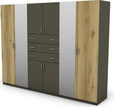Produktbild von Meblast | Kleiderschrank 270x210 cm mit 2 Spiegeln - Graphit/Eiche Grand Natürlich - Garderobe mit Regalen, Schubladen und Kleiderstange | Moderne Farbkombination