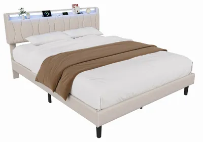 Immagine prodotto di Struttura per letto matrimoniale - Letto matrimoniale 160 x 200 cm - Griglia di supporto in legno - Letto imbottito - Testiera imbottita e morbida - Tessuto in lino - Senza materasso - Colore beige
