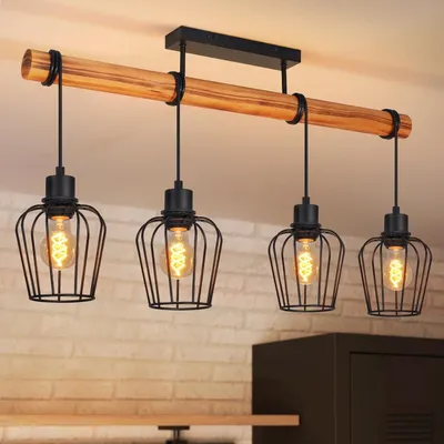 Image de Plafonnier ZMH en bois, noir, pour couloir et cuisine, à 4 ampoules, douille E27 en métal, pour cuisine, salon et salle à manger (ampoules non incluses)