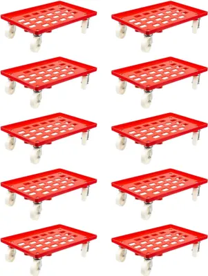 Produktbild von SparSet 10x Transportroller für Euroboxen 60x40cm mit Kunststoffräder rot | Gitter/Rasterdeck | 2 Lenkrollen & 2 Bockrollen | Traglast 300kg | Kistenroller Logistikroller Rollwagen Profi-Fahrgestell