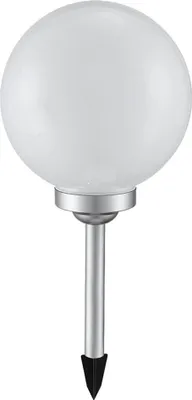 A single solar-powered garden light with a spherical white top and a silver stake.