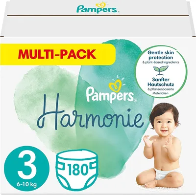 Produktbild von Pampers Baby Windeln Größe 3 (6-10 kg) Harmonie, MONATSBOX, Sanfter Hautschutz Und Pflanzenbasierte Inhaltsstoffe, 180 Stück