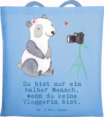 Produktbild von Mr. & Mrs. Panda dokumententasche Vloggerin Herz - Sky Blue - Geschenk, Tote Bag, Laptoptasche, Jutetasche, Tasche, Jutebeutel, Schultasche