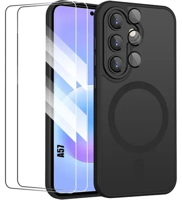 Image de Coque + 2 Verres Trempés pour Samsung Galaxy A57 5G, avec Anneau Magnétique Vitre Caméra - Noir