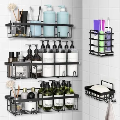 Produktbild von PromoHome® Selbstklebendes Duschregal-Set – 5-teiliger Badezimmer-Organizer mit Shampoohalter, schwarz