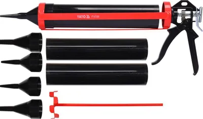 Produktbild von Yato Kartuschenpresse – Skelett-Kartuschenpistole Mörtelpistole Mörtelpresse Mörtelspritze für Spachtel- & Fugenmassen, inkl. 2 Aufsätze & Rührwerkzeug, 330 mm