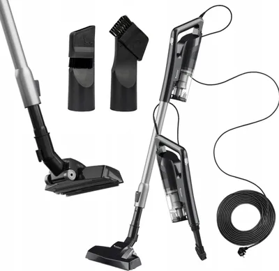 A collection of vacuum cleaner parts and accessories, including a main unit, attachments, and a power cord, arranged against a white background.