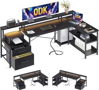 Obrázok produktu pre ODK LED rohový stôl v tvare L so zásuvkami čierny 189x100cm