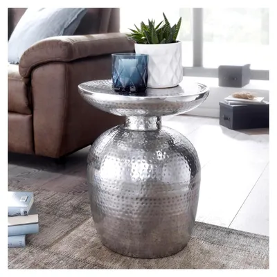 Produktbild von Runder Beistelltisch 37 cm Silber Metall - Orientalischer Design Wohnzimmertisch aus Aluminium - Hammerschlag Alu Kleiner Couchtisch - Dekotisch